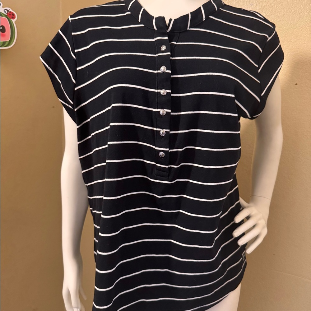 Calvin Klein Navy and White Striped Button-Front Top